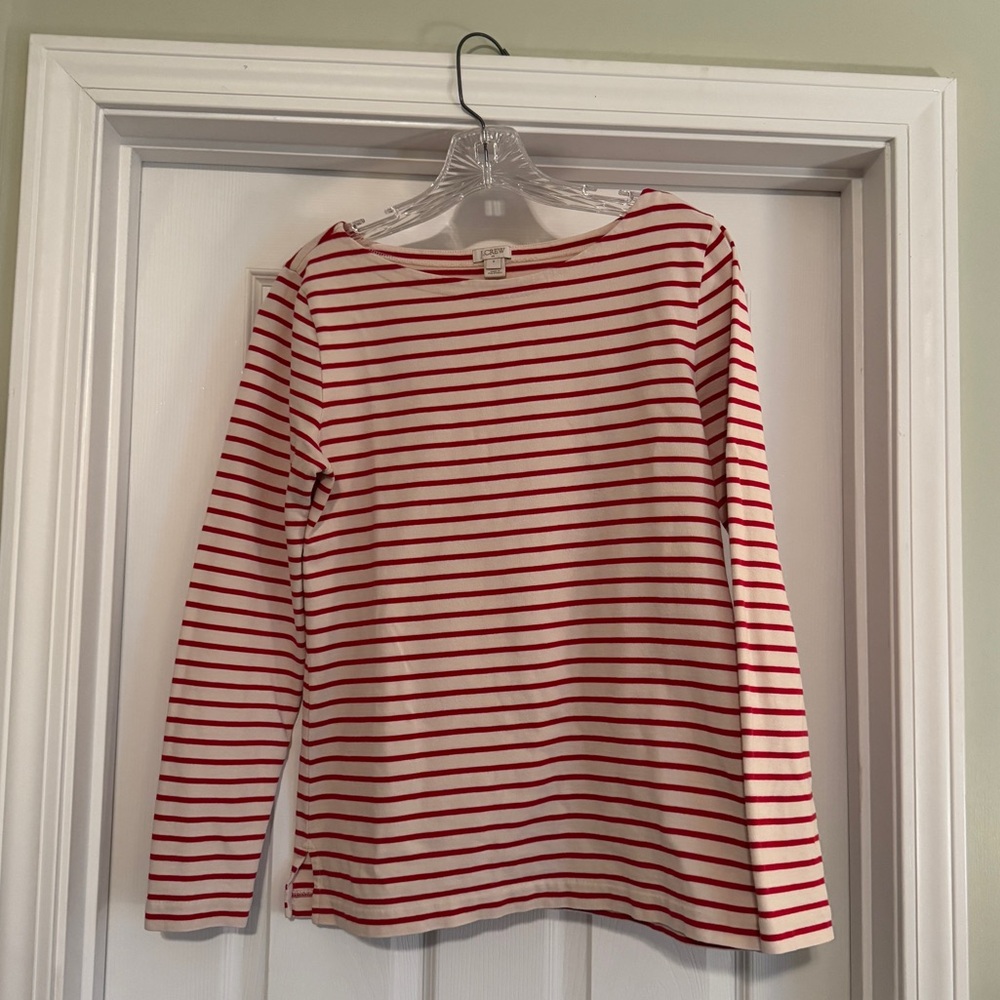 J. Crew Heavyweight Cotton Scoop Neck Long Sleeve Tee Red and Cream Stripes Sz S